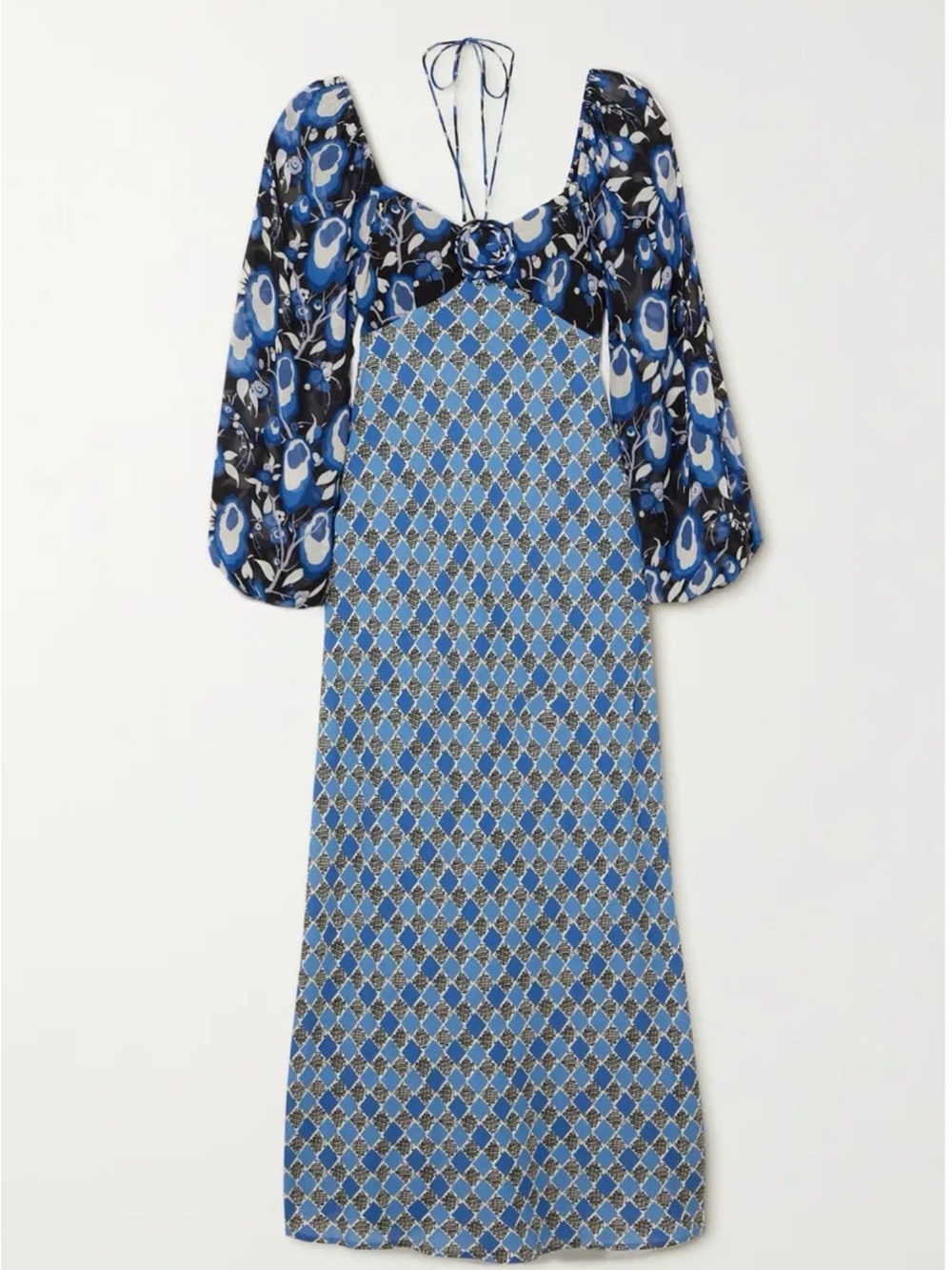 RIXO Blue Patterned Long Sleeve Maxi Dress